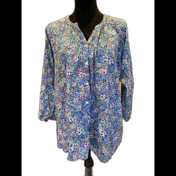 St John’s Bay Top Blue Floral Blouse XL Boho Peasant V Neck Flowy Casual Comfy - Picture 2 of 10